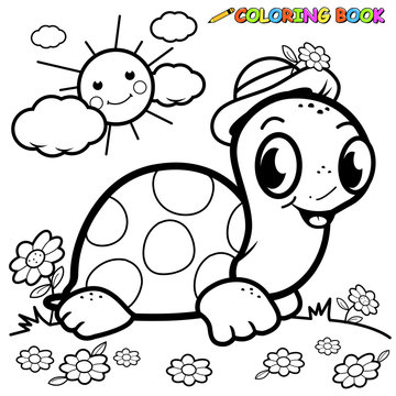 Happy cartoon turtle in the garden. Vector black and white coloring page