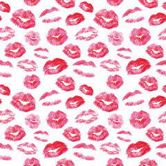Seamless pattern - red lips kisses prints background - obrazy, fototapety, plakaty