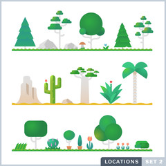 Set of trees, rocks, bushes and grass. Vector flat illustrations
