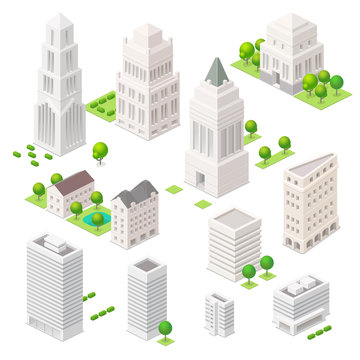Set of the isometric vector elements. Skyscrapers, trees and oth