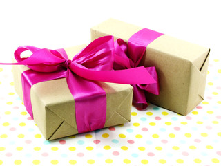 wrapped vintage gift box with pink ribbon bow
