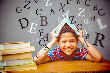 Composite image of pupil with many books