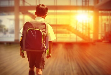 Composite image of cute pupil walking to the school bus