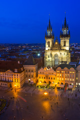 Old Town Square and Church of Mother of God before Tyn in Prague at night. Czech Republic