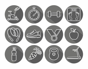 Icons fitness, gym, healthy lifestyle, white outline, black background, round. 