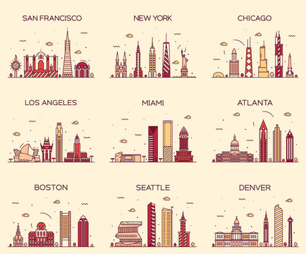 American cities skyline trendy illustration linear