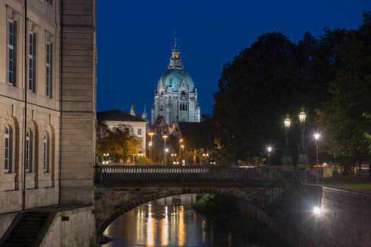 Night view of the Leine Palace (Leineschloss) and bridge situated on the River Leine, Hannover, germany