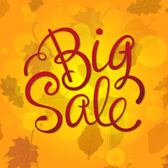 Big Autumn Sale. Hand Lettered Text on top of an Orange Background with Leaves floating around.