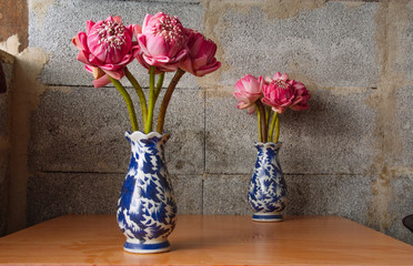 Bouquet of Pink Lotus on dark brick background, Dramatic lighting, Selective focus.