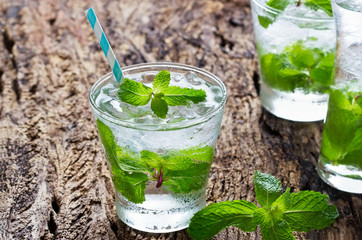 glass of cold water with fresh mint leaves and ice cubes on wood