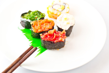 Sushi Assortment On White Dish, close up