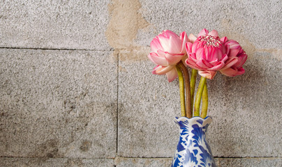 Bouquet of Pink Lotus on dark brick background, Dramatic lighting, Selective focus.