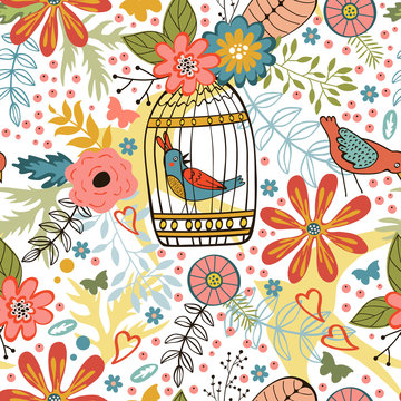 Elegant pattern with flowers, bird cages and birds