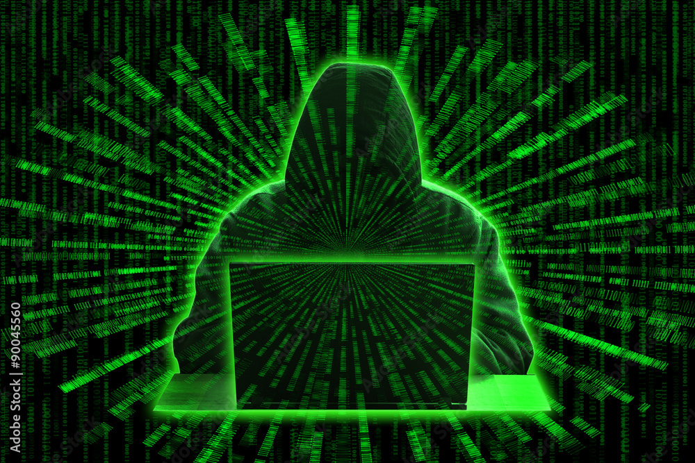 Poster conceptual image of a hacker on green matrix background