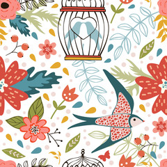Elegant pattern with flowers, bird cages and birds