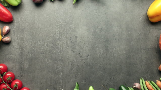 Fresh vegetables frame on kitchen table with space for text - stop motion animation
