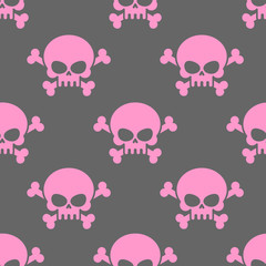 Pink skull on a grey background seamless pattern. Head of  skele