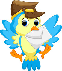 Cute bird wearing a hat, carrying a letter