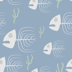 Fish skeleton seamless pattern. Vector background sad, doomed fi