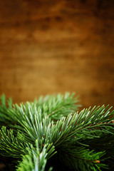 Green fir branches on an old wooden background, selective focus