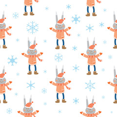 Vector winter seamless pattern with cute cartoons hares and snowflakes on a white background.
