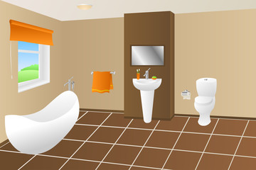 Modern bathroom beige brown bath orange towel sink toilet window illustration vector