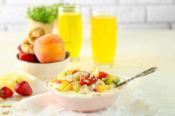 Healthy breakfast with homemade oatmeal, close up