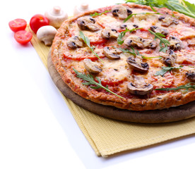 Tasty pizza with vegetables and napkin isolated on white