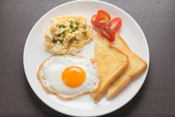 breakfast, fresh fried egg and scrambled egg with bread