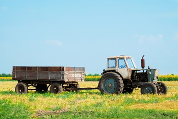 Obraz premium Tractor in field on blue sky background