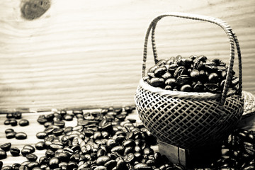 .Coffee beans roasted in bamboo baskets..