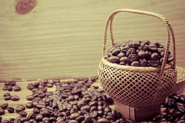 .Coffee beans roasted in bamboo baskets..