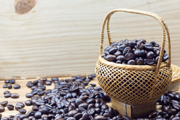 .Coffee beans roasted in bamboo baskets..
