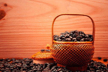 .Coffee beans roasted in bamboo baskets..
