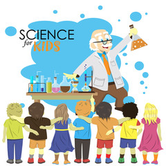 Science for kids. Cartoon scientist shows to kids chemistry