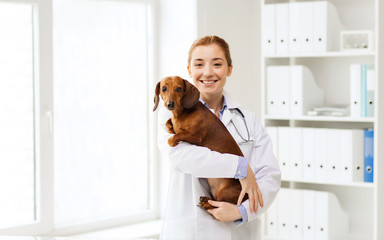 happy doctor with dog at vet clinic - obrazy, fototapety, plakaty