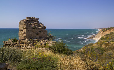 View to Mediterranean sea from the coast and Apollonia's ruins.Israel