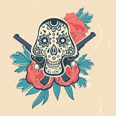 Hand drawn skull with guns and flowers in vintage style