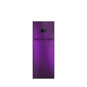 Shiny purple refrigerator isolated on white. Glossy finish. Fridge freezer. The external LED display, with blue glow. Top freezer.