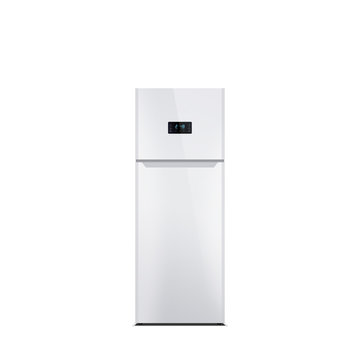Shiny white refrigerator isolated on white. Glossy finish. Fridge freezer. The external LED display, with blue glow. Top freezer.