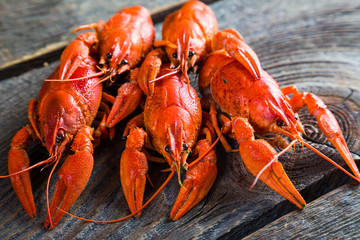 boiled crayfish on a wooden table