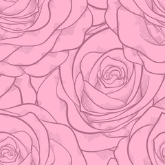 beautiful seamless pattern in pink roses with contours. Hand-drawn contour lines and strokes. Perfect for background greeting cards and invitations to the day of the wedding, birthday, Valentine's Day