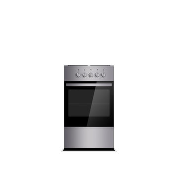 Grey gas cooker with oven isolated on white. Stove. Glass cover. Silver switch handles.