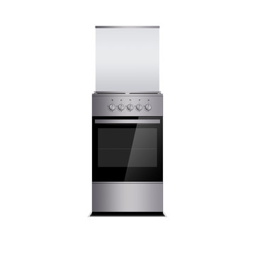 Grey gas cooker with oven isolated on white. Stove. Silver switch handles. Glass cover.