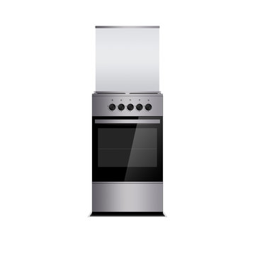 Grey gas cooker with oven isolated on white. Stove. Glass cover. Black switch handles.