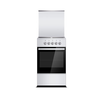 White gas cooker with oven isolated on white. Stove. Glass cover. Silver switch handles.