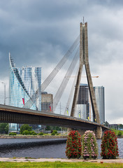 Naklejka premium Bridge and buildings in the Baltic city of Riga, Latvia.