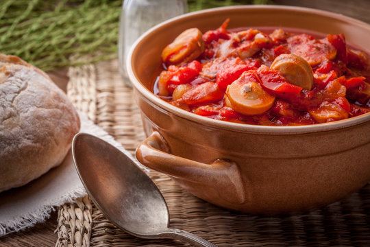 Lecho - stew with peppers, onions and sausages.