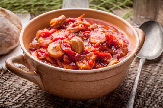 Lecho - tasty Hungarian stew with peppers and sausage.