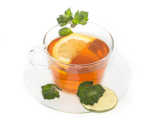 Cup of tea with lemon and mint isolated
